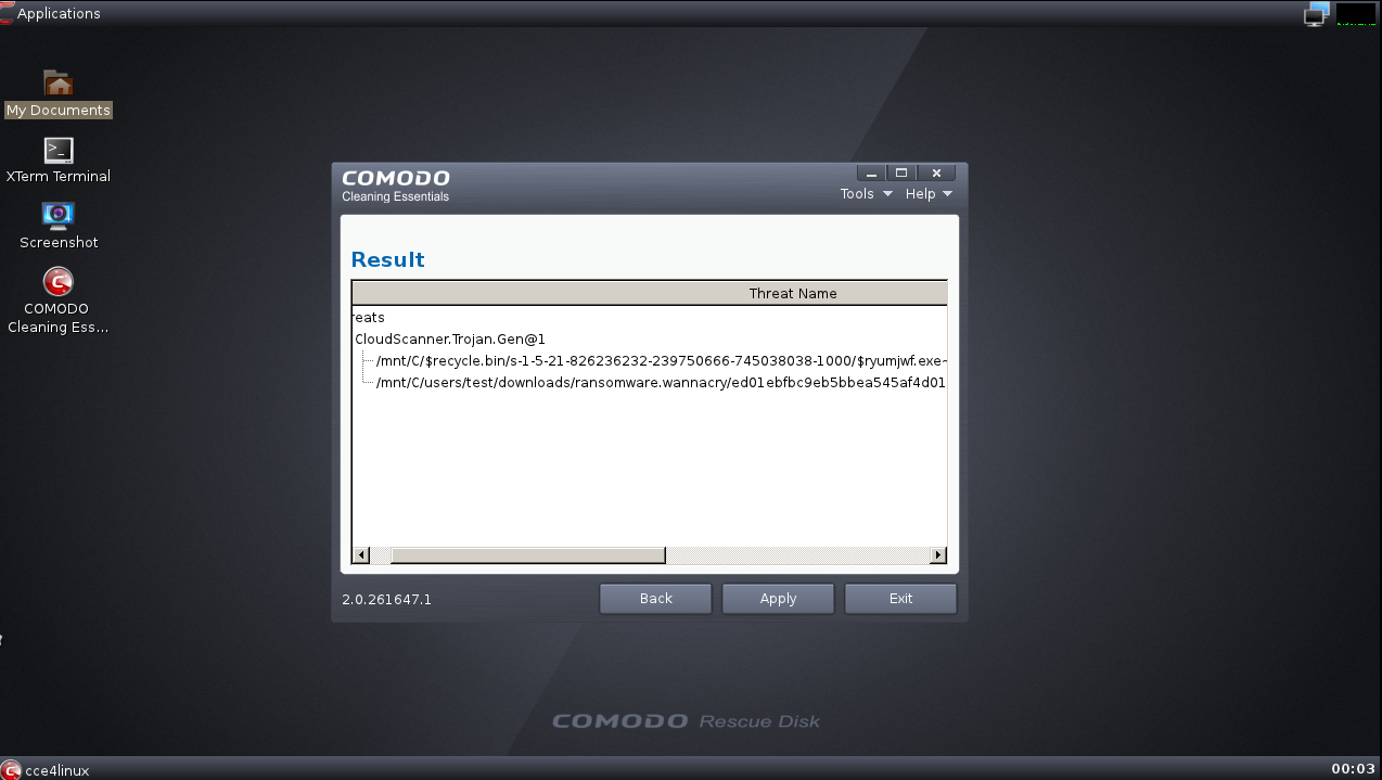 Comodo Rescue Disk results screen