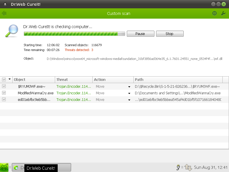 Dr. Web LiveDisk results screen