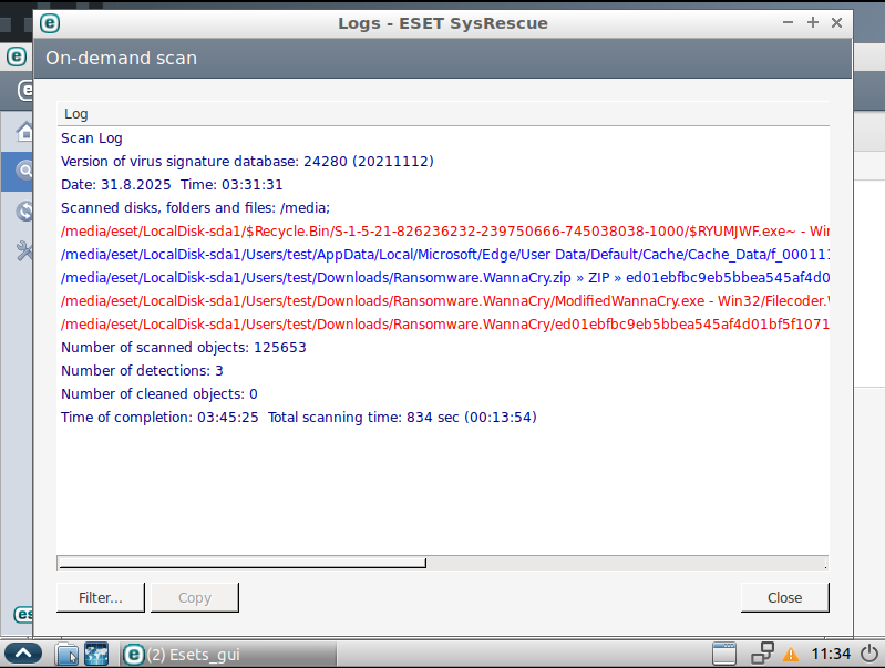 ESET SysRescue results screen