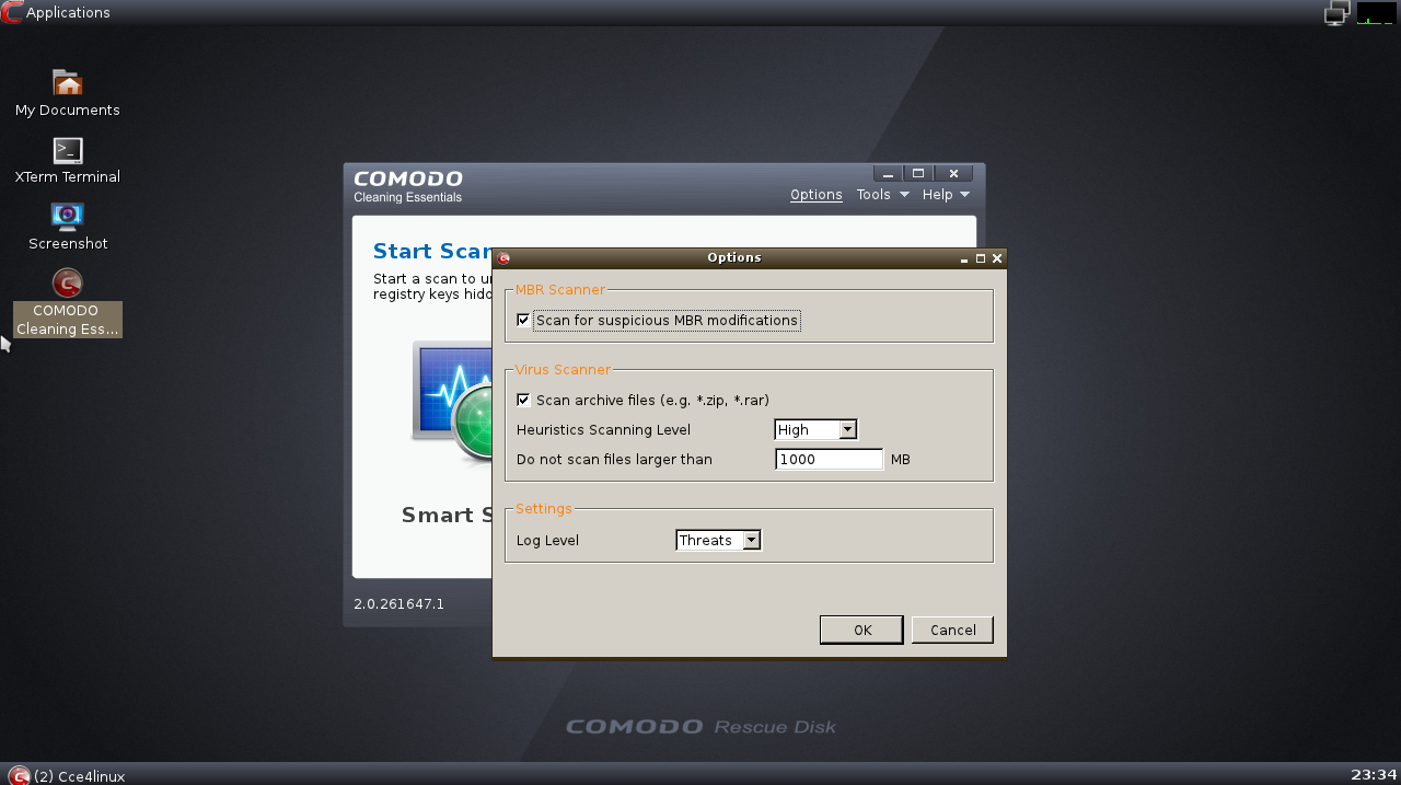 Comodo Rescue Disk configuration screen