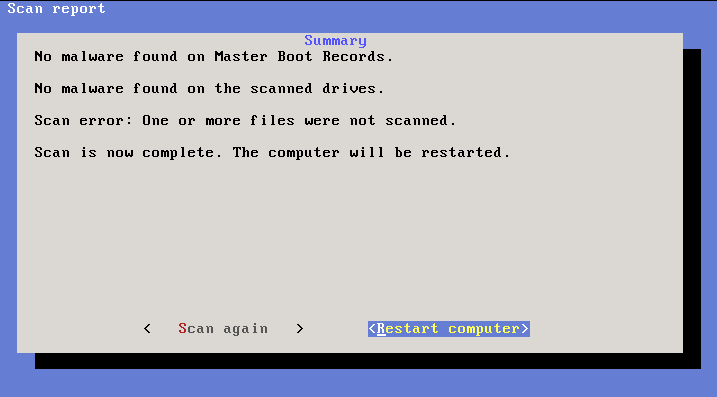 F-Secure Rescue Disk results screen