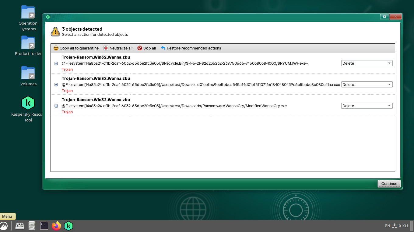 Kaspersky Rescue Disk results screen